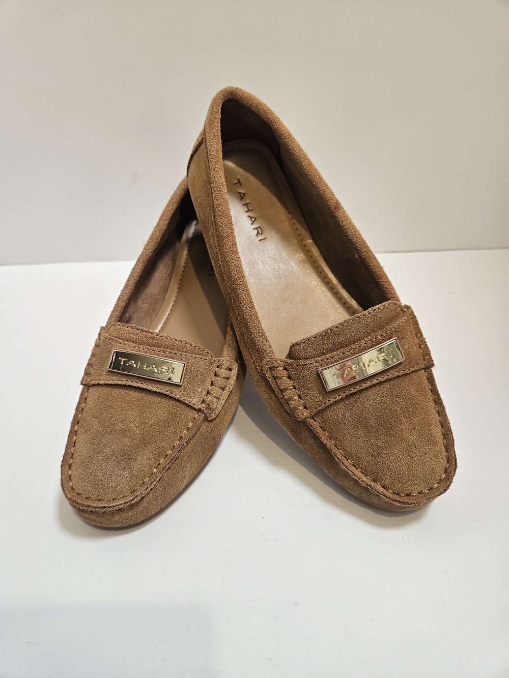 Tahari Marilu Tan Suede Leather Slip-On Loafers Gold Logo Women's Size 6